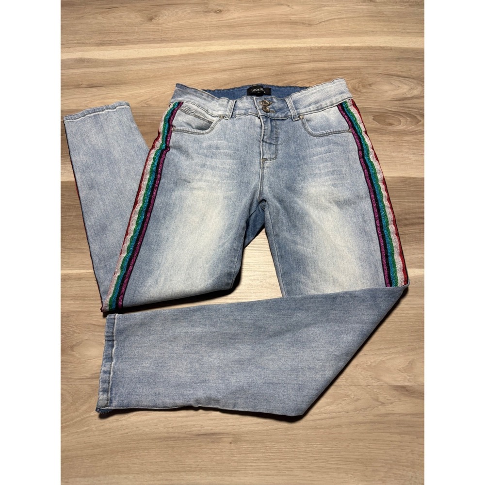 Lea & Viola‎ Jeans Women 28 Blue Rainbow Glitter Stripe Ankle Zip Slim Denim